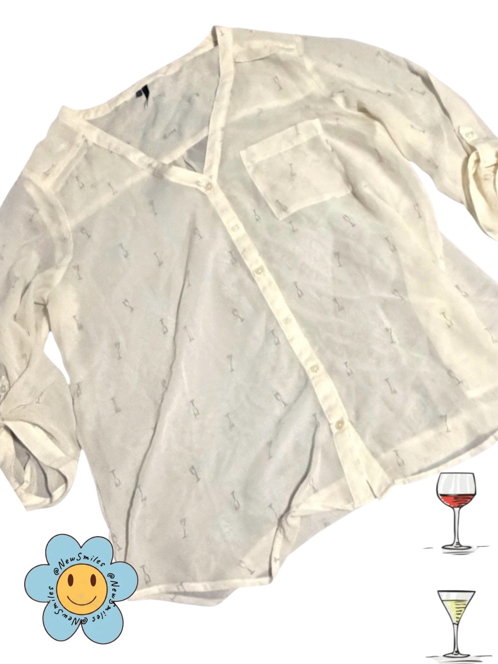 Maurices ~ Sheer Top ~Ivory w/Wine & Martini Glass Pattern ~Tie Up Sleeve Option